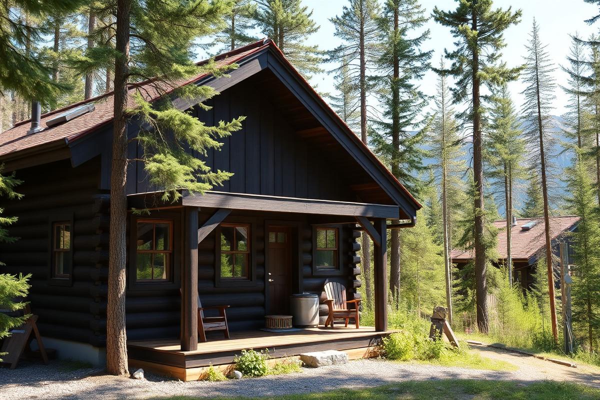 Chalet cabin exterior among spruce trees