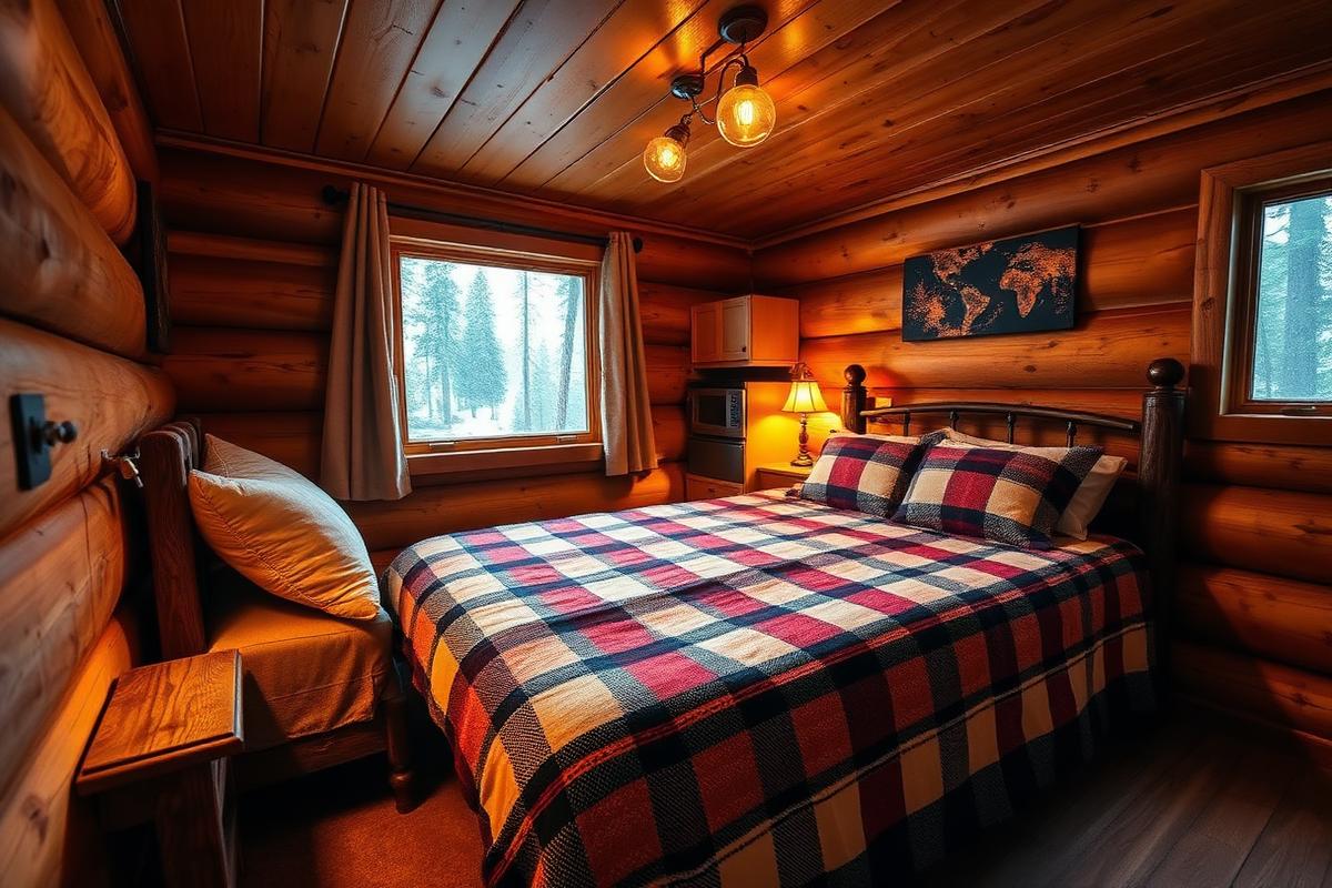 Warm cabin interior with plaid bedding