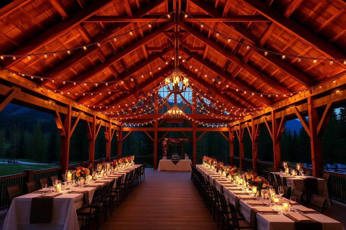 The event pavilion set for a wedding reception at dusk