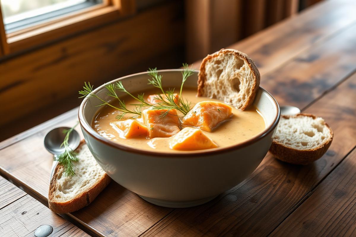 Bowl of Gwin's smoked salmon chowder with bread