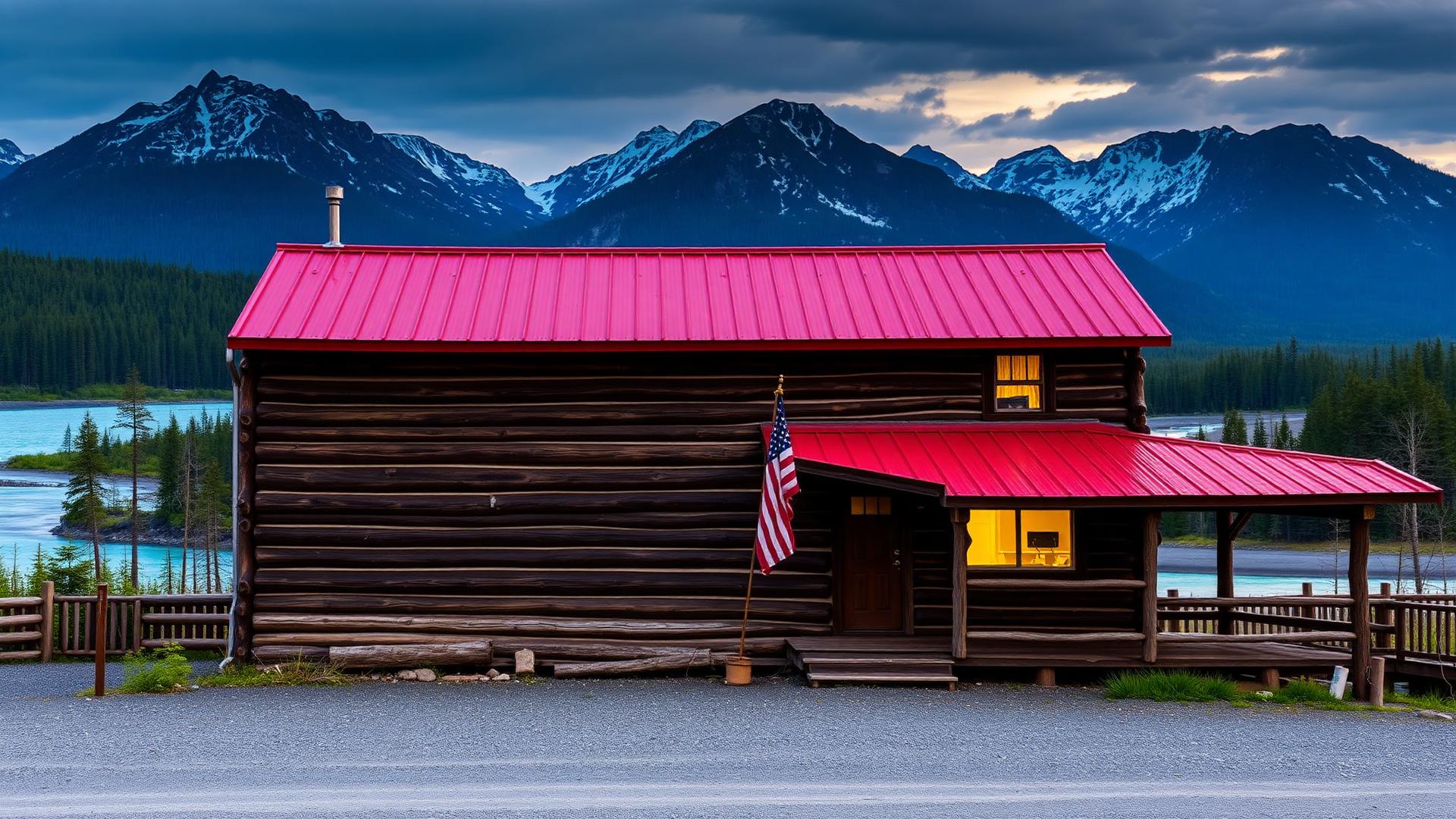 The historic Gwin's Lodge log roadhouse at dusk with the Kenai Mountains behind