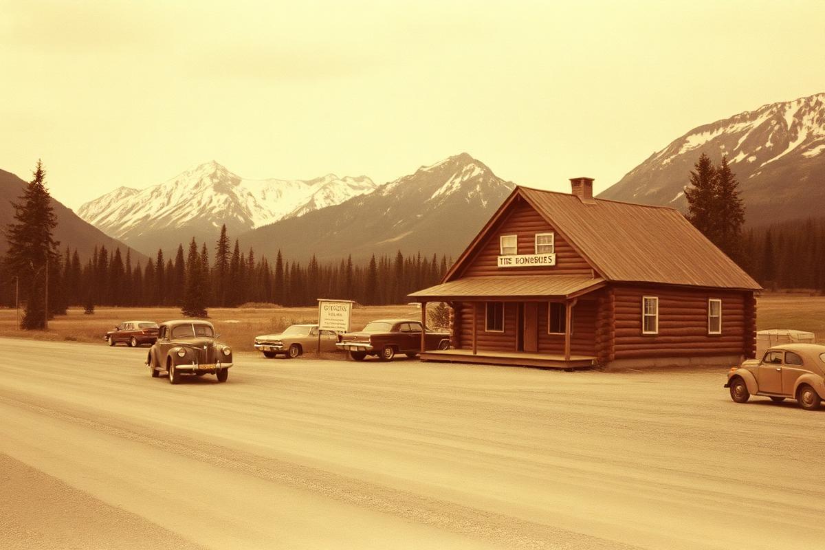 Archival photograph of Gwin's Lodge beside the Sterling Highway in the 1950s